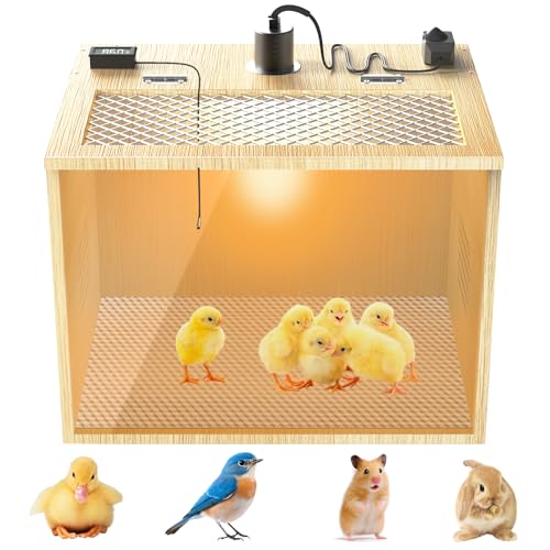 Chicken Brooder Box for Chicks Starter Kit, 16 Inch Wooden Chicken Brooder Box with 75W Heating Lamps, Thermometer and Tin Foil, Poultry Breeding Kit, for 5-7 Chicks Ducks Quail Hamsters