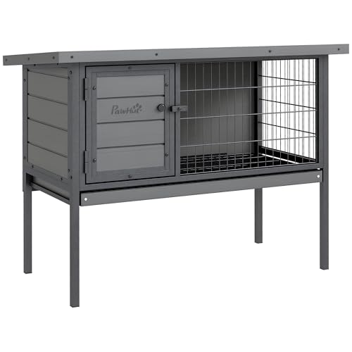 PawHut Rabbit Hutch Elevated Bunny Cage Small Animal Habitat with Metal Frame, No Leak Tray, Metal Wire Pan and Openable Water-Resistant Asphalt Roof for Indoor/Outdoor Gray | Small Animal Habitat, No Leak Tray, Metal Wire Pan, Openable Water-Resistant As