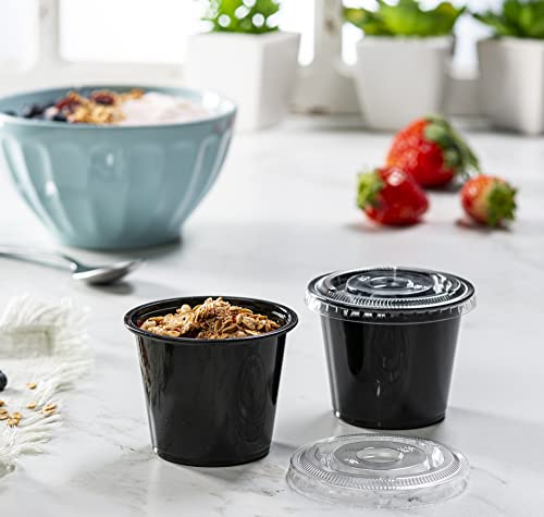(5 oz - 100 Sets) Black Diposable Plastic Portion Cups With Lids, Small Mini Containers For Portion Controll, Jello Shots, Meal Prep, Sauce Cups, Slime, Condiments, Medicine, Disposable Souffle Cups - color: Black, size: 5 Ounce