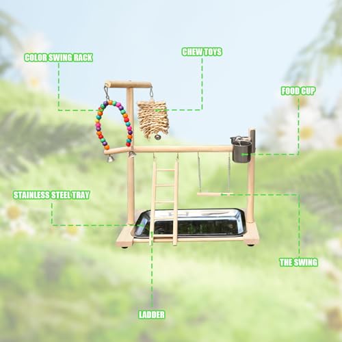 Bird Stand, Natural Wood, Parrot Playground with Removable Tray & 2 Stainless Steel Feeder Cups, Suitable for Parakeet, Conure, Cockatiel, Lovebird, Canary, Lorikeet & African Grey - color: A