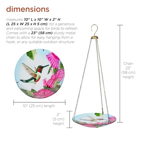 Alpine Corporation KBD150 Outdoor Hanging Glass Bird Feeder and Birdbath, Floral and Hummingbird Design with Chain, 10" W, Red/Green - style: Floral and Hummingbird
