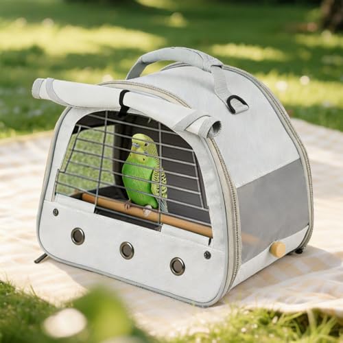 Bird Travel Carrier Cage, with Stainless Steel Metal Window and Wood Perch, Portable Bag for Cockatiel Parakeet Conure Green Cheek Budgie (Grey, Steel Window) - color: Grey