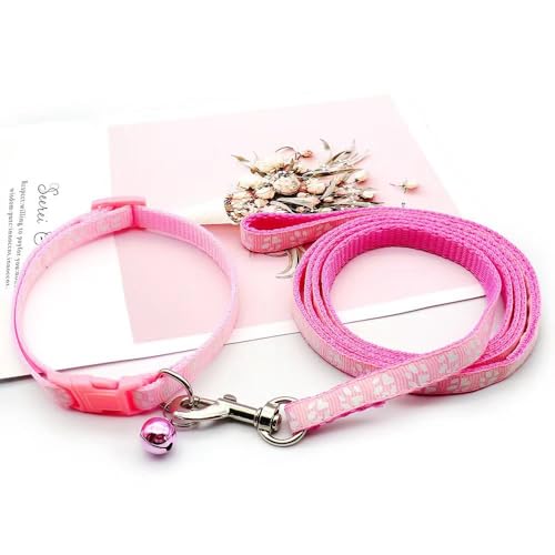 Pink Kitten Collar, Puppy Dog Cat Collar with Bells Leash Sets,for XXS,XS | Paw Print Reflective Dog Collar Leash Set with Bell, Basic Nylon Boy Girls Pet Collar Adjustable For XXS XS S Tiny Puppies - color: pink