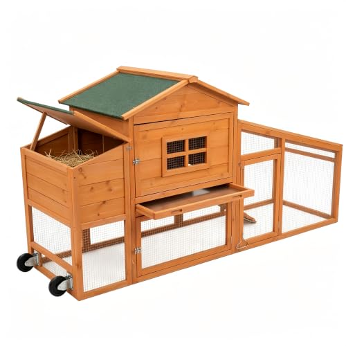 Mobile Chicken Coop with Wheels, Portable Hen House for 4-6 Chickens, Wood Outdoor Poultry Cage with Large Run, Waterproof Asphalt Roof, Side Nesting Box and Easy Clean Slide-Out Tray