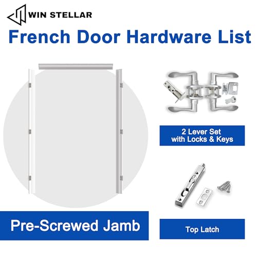48x80 Interior French Door,1-Lite Clear Glass Doors,Living Room Doors | Satin Nickel Hardware-Privacy Door Lever w/ Lock, Latch&Hinges, Solid Core,Tempered Glass,No PreDrill,Jamb Assembly Required - color: Full Lite, Silver Hinges, size: 48x80 for 50x82 o