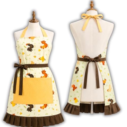 Chicken Apron for Women, Playful Farmhouse Chicken Apron with Pocket, Cute Free-Range Hen Pattern Kitchen Apron, Funny Gift for Chicken Lovers, Bakers & Moms