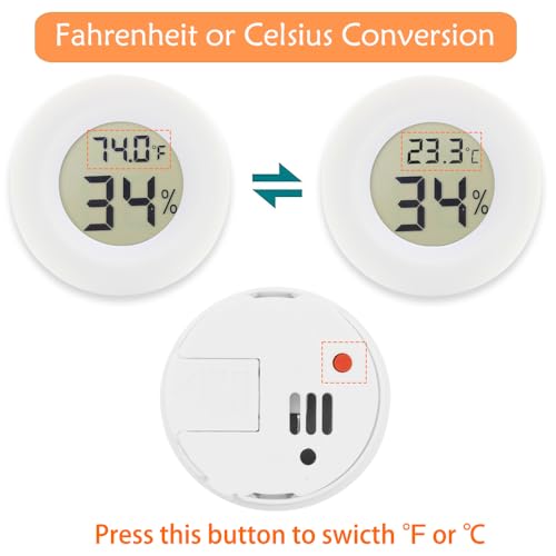 6-Pack Mini Round Hygrometer Thermometer Digital LCD Monitor Indoor Outdoor Humidity Meter Gauge Temperature for Humidifiers Greenhouse Reptile Fahrenheit Celsius White