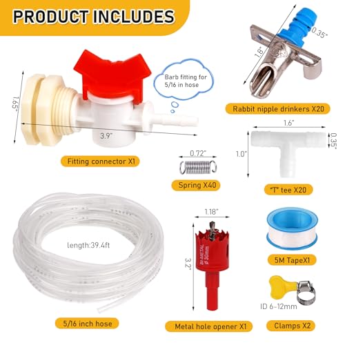 20Pcs Rabbit Nipple Drinker Automatic Watering System Kit | Includes 20 Drinking Nipples, 39 ft Hose, Hole Opener, Barb Fittings for G1/2" Connector, Bunny Small Animal Water Dispenser - size: 20Pcs