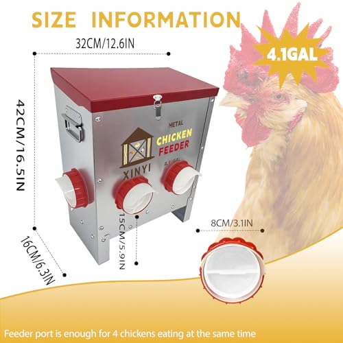25lbs Metal Chicken Feeder, 4 Ports Galvanized Feeder, Goat Proof Auto Chicken Feeder, Weatherproof Chicken Food Dispenser System for Outdoor Coop,4.1 Gallon - size: 4 ports