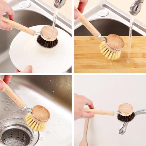 Bamboo Dish Brush with Handle, 3 Natural Bristle Heads | (Horsehair, Sisal, Palm) Replaceable Heads, Wooden Dish Brush for Washing and Cleaning Pot Pan Bowl