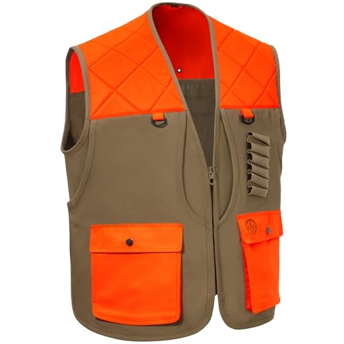 BASSDASH Upland Game Field Water-Resistant Bird Hunting Vest with Multi Pockets Men Women FV11 - color: Dark Khaki/Blaze Orange, size: XX-Large