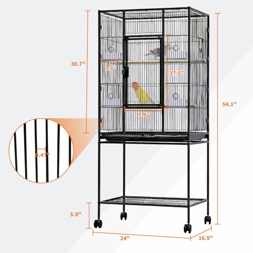 54" Large Bird Cage, Parrot Bird Cage with Rolling Stand & Storage Shelf, Heavy Duty Wrought Iron Flight Cage, Secure Lock, Ideal for Parakeets, Parrots, Cockatiels, Conures, Lovebirds - size: 34.1"L x 24.6"W x 4.7"H