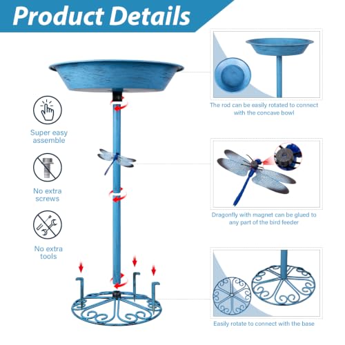 WANGIRO 12" Freestanding Metal Bird Bath & Feeder Magnetic Dragonfly Blue | Rust-Proof Metal, Sturdy Base with 3 Ground Stakes, 2-in-1 Bath & Feeder, Easy Clean, Gift for Garden Patio Lawn Backyard