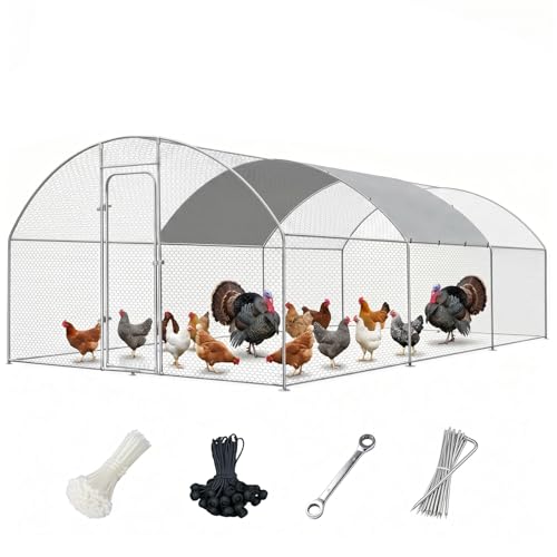 Metal Chicken Coop with Waterproof Curved Roof, 19.7×9.8×6.4ft | Thickened Steel Frame, Predator-Proof Wire, Weatherproof & UV Resistant Cover, Detailed Assembly Guide & Tool Kit - size: 236.4"L x 118.1"W x 76.8"H