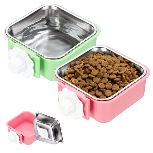 Crate Dog Bowl, Removable Stainless Steel Pet Cage Hanging Anti-Overturn Food Water Feeder Cage Cup (2Pcs, Square, Pink/Green, 11.1oz), Intended for Puppies/Cat/Rabbit/Bird - color: Pink/Green, size: 4.7"(11.1oz)