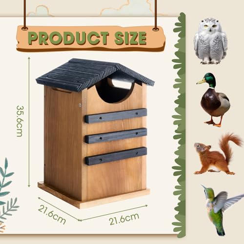 Cedar Squirrel House,Barn Owl Nesting Box, Bird House Outside,Duck Nesting Shelter,Rustic Big Squirrel Shelter & Birdhouse Combo,Wooden Heavy Wildlife Box,Carbonized Assemble Needed