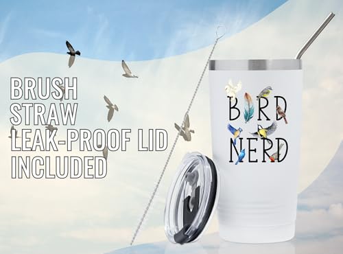 Onebttl Bird Watching Tumbler for Lovers & Watchers, 20oz Stainless Steel Insulated With Lid & Straw, Gift Card & Box Included, Birthday Present, White - Bird Nerd - color: Bird Nerd - White