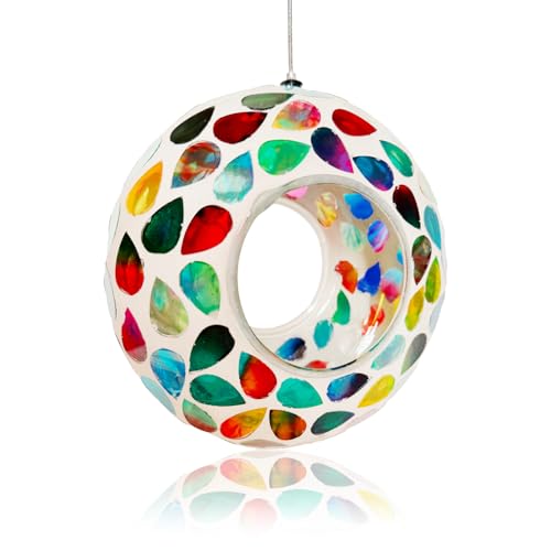 Hanging Bird Feeders for Outdoor Glass Mosaic Fly Through Wild Bird Feeder Round Shape Birdfeeder for Outside Garden Yard Patio Decoration White - color: White