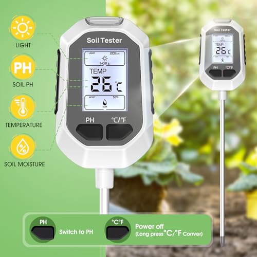 YAMRON 4-in-1 Soil Moisture Meter Digital Plant Temperature/Soil Moisture/pH Meter/Sunlight Intensity Backlight LCD Display Soil Test Meter for Gardening, Farming and Outdoor Plants