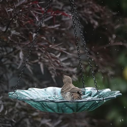 11" Recycled Glass Hanging Combination Bird Feeder and Bath for Wild Birds and Outdoor Décor, 0.625 Quart Capacity, Turquoise Dahlia Floral Design, Hanging Chains Included