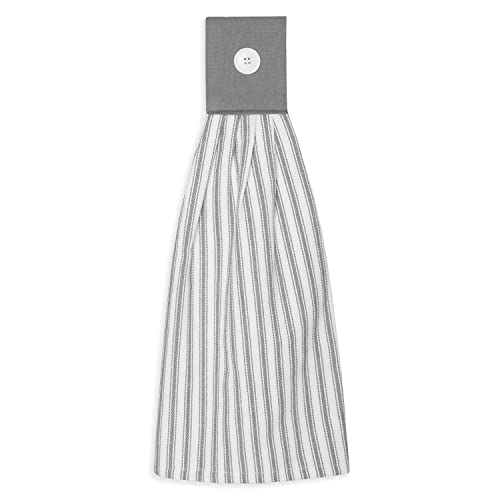 Alloy Gray and White Ticking Stripe Hanging Kitchen Dish Hand Towel Cotton with Button Accent, Set of 2 - color: Alloy Gray