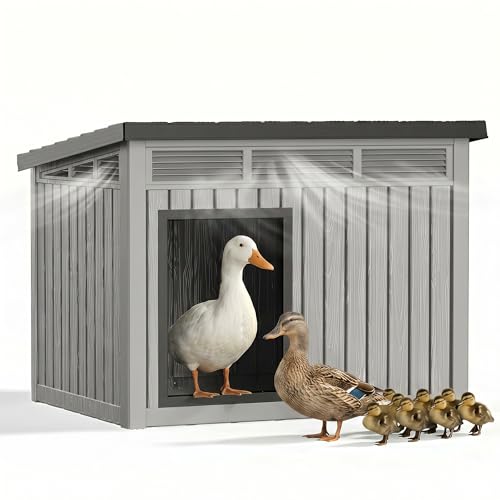VIXZEN Outdoor Duck/Chicken House, Gray | Resin PP Material, Wood Grain Finish Sloped Roof, Gas Strut Top Opening Ventilated, Spacious Interior & Easy Assembly - color: Grey, size: 32.2"L x 25.1"W x 24.1"H