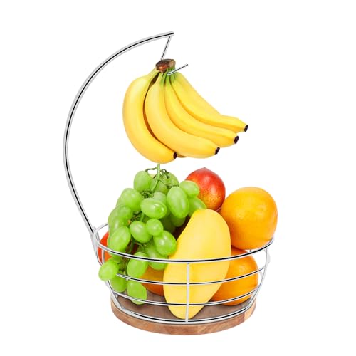 Livabber Countertop Fruit Basket Bowl with Banana Hanger, Modern Standing Fruit Vegetable Bowl Storage, with Banana Tree Holder for Kitchen Dinning Table (Round Wood, Chrome) - color: Chrome, style: Round Wood