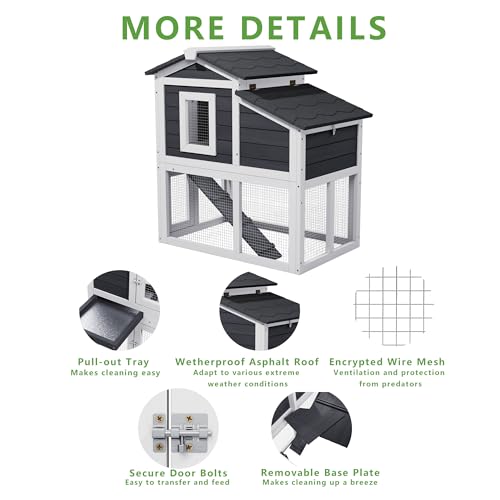Wooden Rabbit Hutch Indoor,2 Story Bunny House | Openable Asphalt Roof, Removable Tray, Wire Fence, Lockable Doors, Access Ramp, Nesting Box - color: White