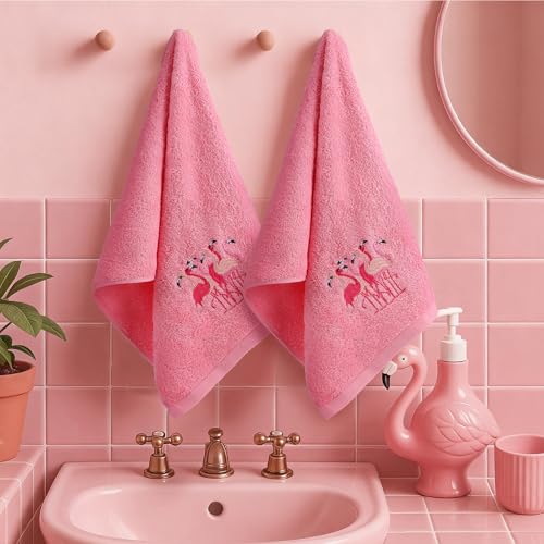 SmoothNovelty 2 Pcs Flamingo Hand Towels Pink Bathroom Decor 14x29 Inch | Embroidered Hot Pink Bathroom Hand Towels, 100% Cotton, Soft Absorbent, Summer Hawaii Bathroom Kitchen Decor - style: Flamingo