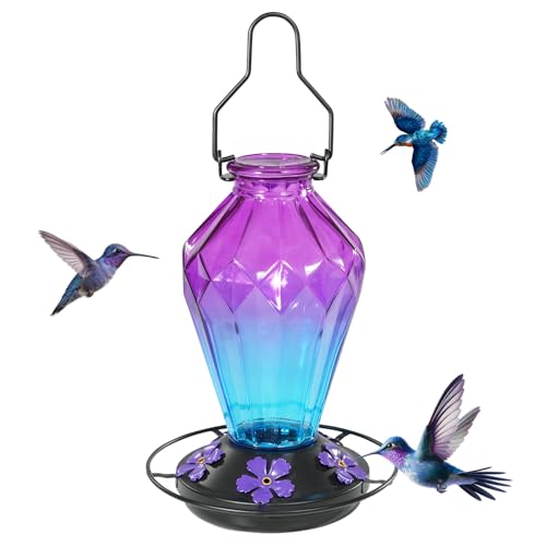 Glass Hummingbird Feeder for Outdoors Hanging, 25Oz Humming Bird Nectar Feeder, Perch, 5 Flower Feeding Ports, Leak Proof Base, Hook for Outside Garden Backyaard, Gift for Women, Diamond Purple - color: Diamond Purple