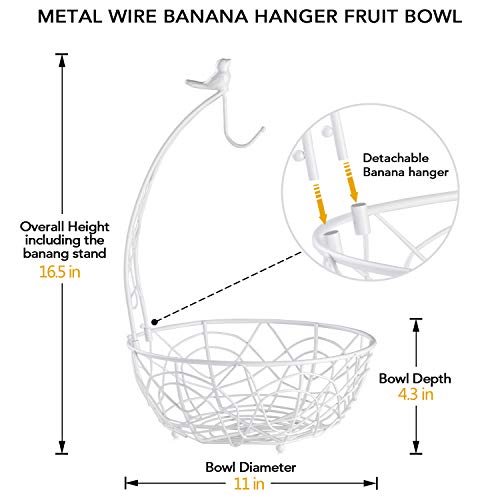Buruis Metal Fruit Basket Bowl with Banana Holder, Bird Design, White | Kitchen Countertop Organizer, 2-in-1 Fruit Storage Bowl, Banana Rack, Modern Kitchen Decor, Dining Table Centerpiece - color: White