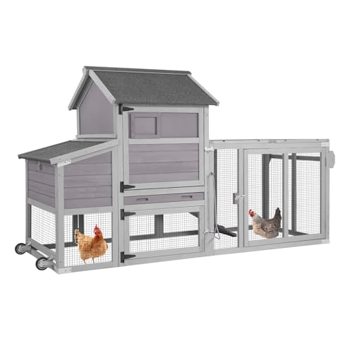 Large Chicken Coop for 2-4 Chickens, Wooden Poultry Hen House with Nesting Box & Perch, Weatherproof Outdoor Chicken Tractor with Wheels - color: Grey, size: 77.0"L x 33.3"W x 46.5"H