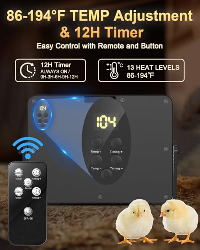 Chick Brooder Heater with Adjustable Temp (86~194℉) & 12H Timer & Height & Angle, Rapid-Heating Heat Plate for Chicks with Remote Control, 16"x12" for 30 Chicks, Brooder Plate for Young Poultry