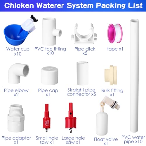 49 Pcs Automatic Chicken Waterer System Includes Chicken Water Cups 1/2" PVC Tee Fittings, PVC Pipes with Float Valve Controlled Fitting Poultry Waterer Chicken Water Feeder