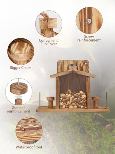 Squirrel Feeder for Outside, Durable Wooden Squirrel Feeder Platform, Funny Squirrel Houses Picnic Table, Squirrel Feeders for Outdoors Tree Peanuts Nuts Corn Cobs Holder Wooden Chipmunk Feeder Box - color: Brown C