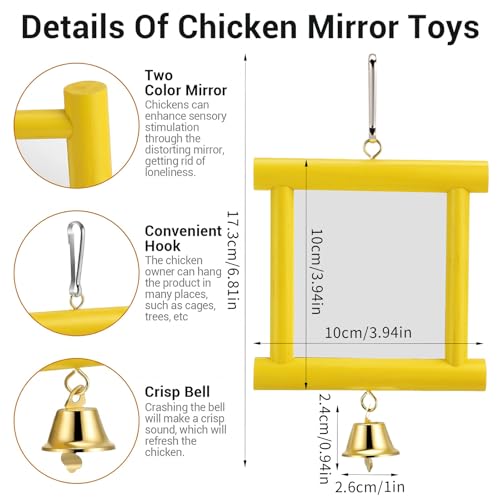 Chicken Mirror Toys with Bell for Coop Enrichment, 4 x4 Inch Hanging Swing Mirror Wooden Pecking Toy for Hens Birds Parrots(Yellow) - color: Yellow