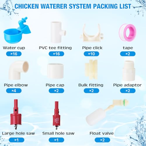 Complete Set Pipeline Automatic Chicken Waterer Cups System with 1/2 PVC Tee Fittings and Other Parts Automatic Poultry Nipple Waterer Chicken Watering Cups for Quail Duck Goose