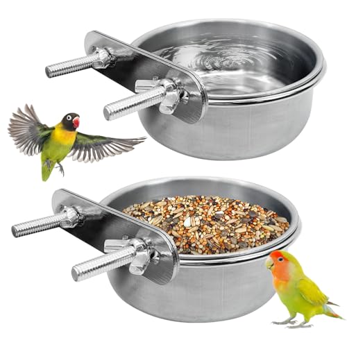 PINVNBY Stainless Steel Bird Bowl Parrot Food Water Bowls with Clamp Holder Bird Feeder Dish Cups Crate Bowls for Cockatiel Pigeons Conure Budgies African Greys (2PCS Screw Size: M)