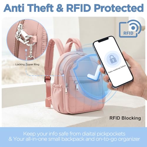 Mini Backpack for Women, Anti Theft RFID Small Travel Backpack | Compact Backpack with Built-in RFID Wallet(5 Slots) & Coin Purse, 10-Pocket Fits 11" Tablet, Puffer Nylon, Daily & Work - color: Pink
