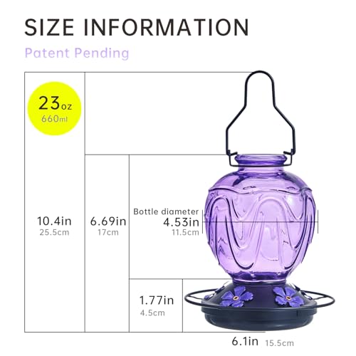 Glass Hummingbird Feeder for Outdoors Hanging,24Ozs Humming Bird Nectar Feeder Perch,5 Flower Feeding Ports, Leak Proof Base and Hook for Outside Garden Backyard Decor, Gifts for Women Mom,Purple - color: Purple