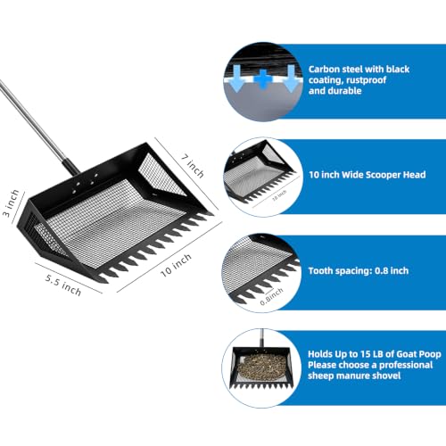 Goat Pooper Scooper & Manure Rake, Heavy Duty Metal Sifter Shovel with Adjustable Long Handle, Specially Designed for Goat Stall Cleaning, Farm Livestock Waste Pickup Tool with Gloves (40–71")