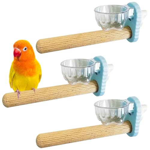 Kathson 3Pcs Bird Perch Feeding Cup Natural Wood Perches with Removable Bird Feeder for Cage Parrot Stand for Parakeets, Budgies, Cockatiels,Parrots, Birds Chewing Stick (Blue) - color: Blue