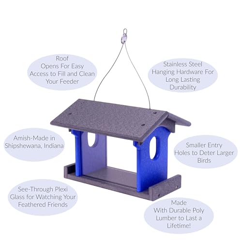 Bluebird Feeder - Poly Lumber - Hanging Blue Bird Feeder for Mealworms (Gray and Blue) - color: Gray and Blue