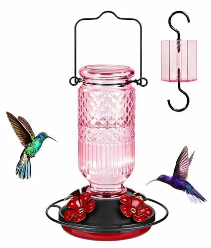Glass Hummingbird Feeder for Outdoors Hanging, 16 oz Leak-Proof Nectar Feeder with Bee Guards & Ant Moat, 4 Metal Flower Feeding Ports, 360° Perch Ring, Easy Refill & Clean, Pink - color: Pink