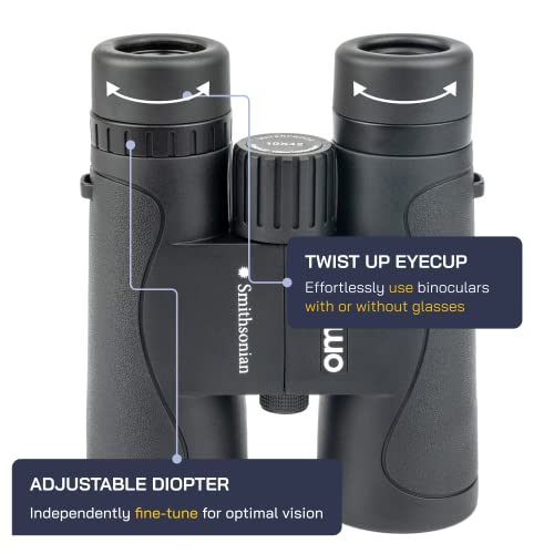Smithsonian Adult Birding Binoculars - 10x42, Phone Adapter, Diopter Adjustable - Ideal for Hiking, Travel - Includes Bird Watching Guide