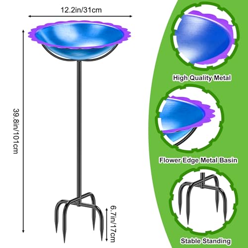 Metal Bird Bath for Outside, Garden Birdbath Bowl Freestanding Bird Feeders for Outdoors with 4 Prongs Base Stake, Standing Birdfeeders for Yard Lawn Decor (Blue Purple) - color: Blue Purple
