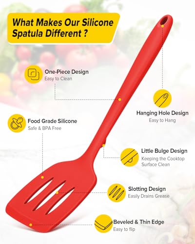Pack of 2 Silicone Spatula Turners, Non Stick Slotted Kitchen Spatula Set, Heat Resistant BPA Free Kitchen Utensils, One-Piece Design, Suitable for Flipping Fish, Eggs, Steak, Pancakes (RED) - color: Red