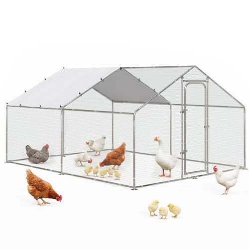 LEMBERI Metal Chicken Runs for Yard, Spire-roof Large Walk in Chicken coop cage for Outside,Galvanized Rabbits Duck Run and coops,Chicken Pen with Waterproof Cover for Outdoor,Backyard and Farm - size: 158.4"L x 118.1"W x 76.8"H