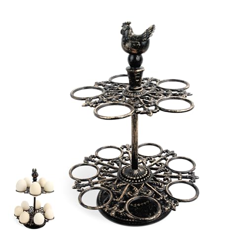 Cast Aluminum Fresh Egg Holder Countertop, Egg Holder Rack Tray for 12 Fresh Eggs, 2-Tier Egg Tray & Dispenser with Rooster Top Design, Egg Skelter for Kitchen (7.67" × 7.67" × 10.98")