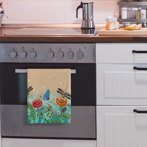 Dragonfly Floral Kitchen Towel Decorative Set of 2 Tea Towel 16"x24" | Soft Absorbent Spring Summer Kitchen Decor Bloom Flowers Dish Towels for Kitchen Drying Farmhouse Bathroom Home Decor - color: Dragonfly Floral